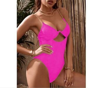 NWT Avanova One Piece Swimsuit V Neck Cutout Swimwear Chain Straps Hot Pink Med